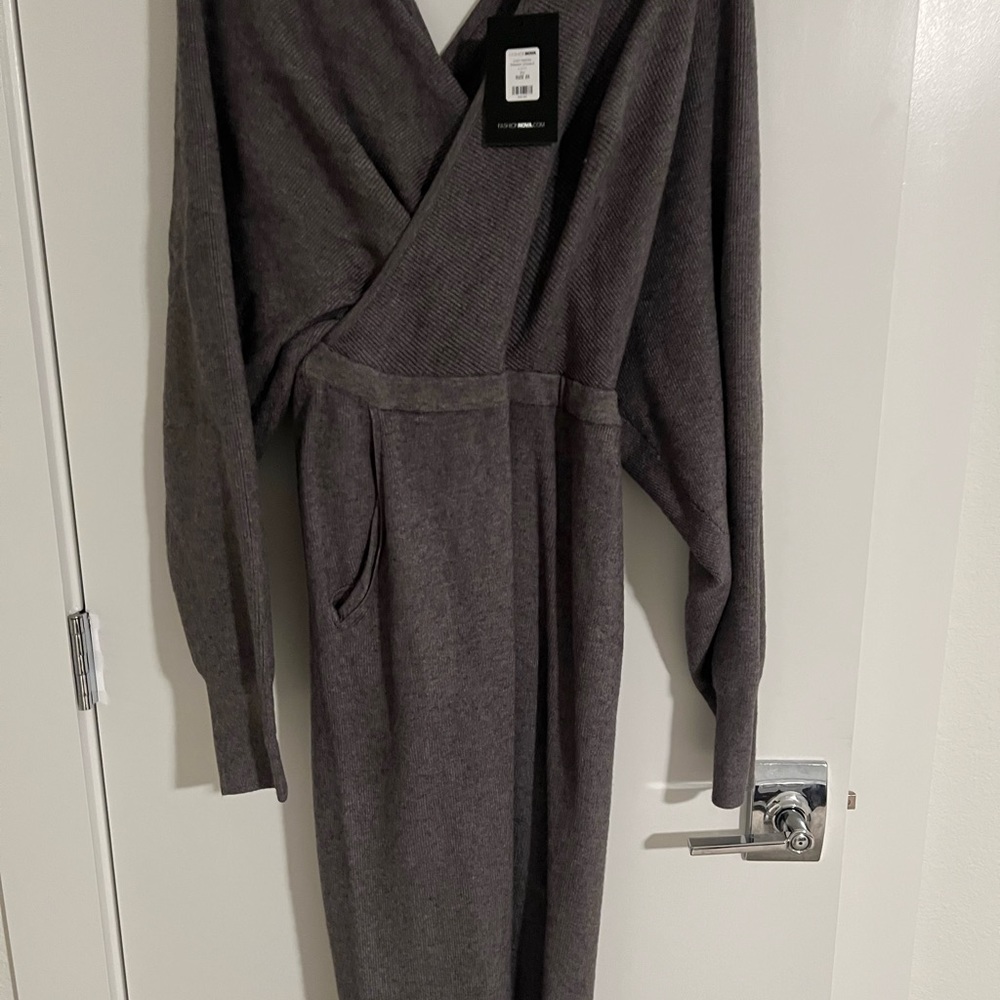 Fashion Nova Gray Knit Jumpsuit with Wrap Front